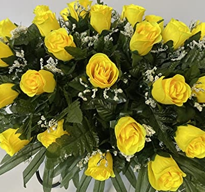 Silky Flower Store Yellow Rose Baby's Breath Cemetery Headstone Saddle Arrangement, Faux Memorial Flowers, Low Maintenance 3-4 Months 20.5cm 6 6 Product: Yellow Rose with Baby's Breath Flowers Cemetery Headstone Saddle Arrangement