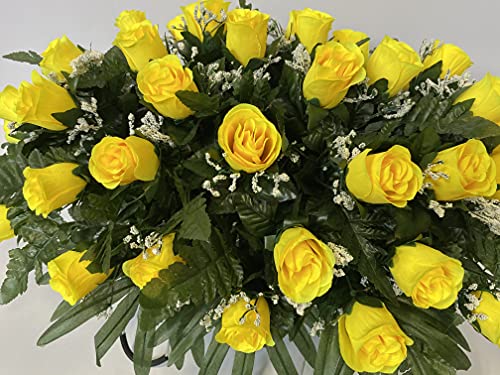 Silky Flower Store Yellow Rose Baby's Breath Cemetery Headstone Saddle Arrangement, Faux Memorial Flowers, Low Maintenance 3-4 Months 20.5cm 2 2 Product: Yellow Rose with Baby's Breath Flowers Cemetery Headstone Saddle Arrangement