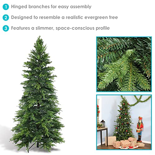 Silky Flower Store Artificial Christmas Tree, Slim Unlit Indoor Christmas Tree with Stand, 7 ft 46 in Diameter 1 1 Product: Sunnydaze Stately and Slim Artificial Christmas Tree - Unlit - Indoor Use Only - Includes Stand - Traditional Design - 7 ft