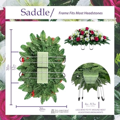 Product: Sympathy Silks Artificial Cemetery Flowers – Realistic Roses and Alstroemerias, Outdoor Grave Decorations -Pink White Rose Saddle