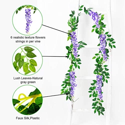 Silky Flower Store Purple Artificial Wisteria Vines, Faux Hanging Flowers, Wedding Decor, 14FT 11 11 Product: MOTONG Artificial Flowers Decoration, 2 Pcs (14FT) Fake Flowers Wisteria Vines, Artificial Vine Garland Plants Arts For Ceremony Home Garden Wedding Party Decoration (Purple)