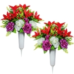 Product: Artificial Cemetery Flowers Artificial Grave Memorial Flowers Bouquets with Vase for Cemetery Headstones Graveyard Decoration, Set of 2 (Red Lily)