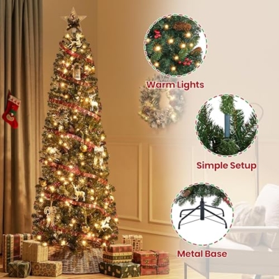 Silky Flower Store Pre Lit Slim Pencil Spruce Christmas Tree, Warm White Lights, Pine Cones, Metal Base, 7.5ft 13 13 Product: Yaheetech 7.5ft Pre-lit Pencil Spruce Christmas Tree, Artificial Slim Xmas Fir, Pre-Decorated for Home, Office, Party, Holiday Decor W/ 948 Tips, 350 Lights, Pine Cones, Metal Hinges & Base, Green