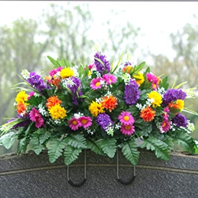 Product: Sympathy Silks Artificial Cemetery Flowers – Realistic Wildflower Outdoor Grave Decorations - Purple Violet Wildflower Saddle for Headstone