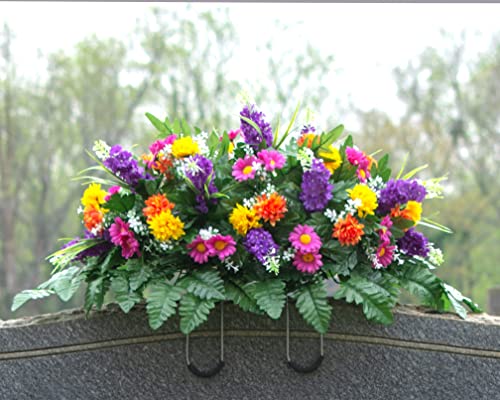 Product: Sympathy Silks Artificial Cemetery Flowers – Realistic Wildflower Outdoor Grave Decorations - Purple Violet Wildflower Saddle for Headstone