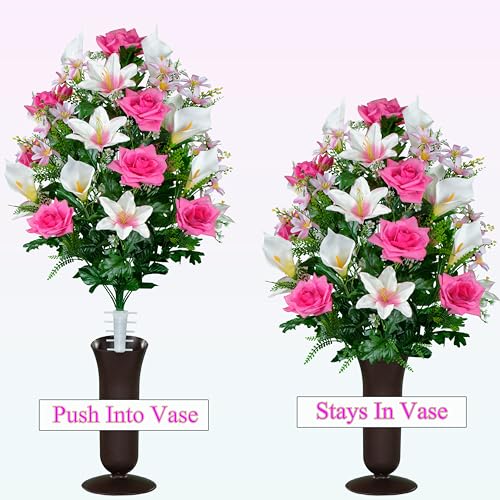 Silky Flower Store Cemetery Flowers Bouquet Pink Roses White Lily Calla Lilies, Artificial Grave Flowers, 36 Flowers, 20.5cm 8 8 Product: Pink Roses, White Lily & Calla Lilies - 36 Flowers in Bouquet - Sympathy Silks Flowers For Cemeteries - Cemetery Flowers for Grave - Mothers Day Spring Summer Arrangement