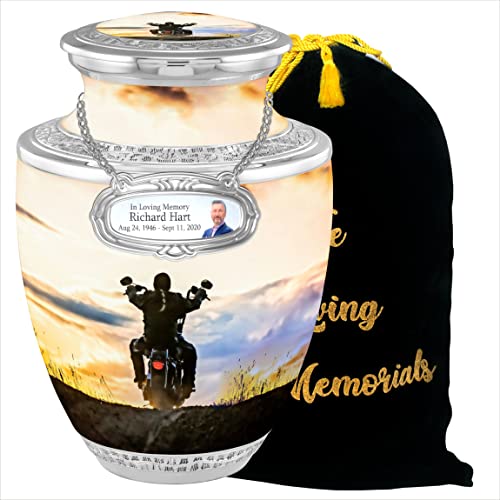 Biker Cremation Urns for Adult Ashes Male Female - Handcrafted Funeral Decorative Urns for Ashes Adult Male with Velvet Bag (Escapade Rider Free Personalized Medallion) - Artificial Flower Arrangements Product: Biker Cremation Urns for Adult Ashes Male Female - Handcrafted Funeral Decorative Urns for Ashes Adult Male with Velvet Bag (Escapade Rider Free Personalized Medallion)