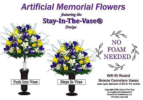 Product: Sympathy Silks Artificial Cemetery Flowers – Realistic Vibrant Tulips Outdoor Grave Decorations - 2 Yellow Tulip Purple Iris Bouquets and 1 Matching Saddle
