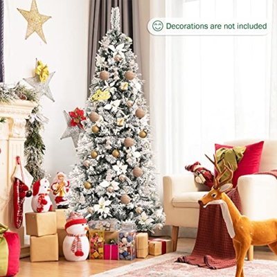 Product: Goplus Snow Flocked Pencil Christmas Tree, 7FT Hinged Artificial Skinny Xmas Tree with White Berries, Poinsettia Flowers and Folding Metal Stand, Perfect for Holiday Indoor Décor