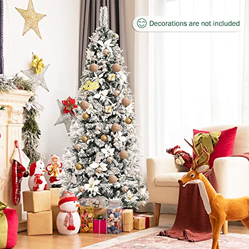 Product: Goplus Snow Flocked Pencil Christmas Tree, 7FT Hinged Artificial Skinny Xmas Tree with White Berries, Poinsettia Flowers and Folding Metal Stand, Perfect for Holiday Indoor Décor