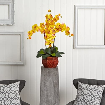 Silky Flower Store Artificial Phalaenopsis Silk Flower Arrangement, Decorative Vase, Oriental Style Home Décor, 10w x 6.25h 4 4 Product: Nearly Natural Phalaenopsis with Decorative Vase Silk Flower Arrangement