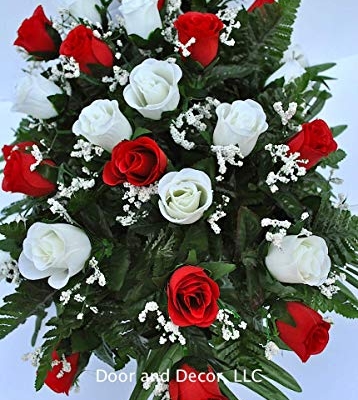 Product: Cemetery Saddle Headstone Decoration with Red and White Roses for Mother's Day, Father's Day, Memorial Day, and Labor Day