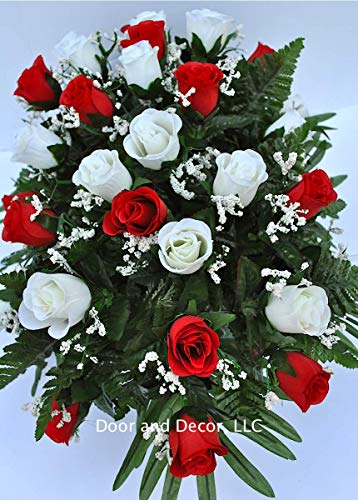 Product: Cemetery Saddle Headstone Decoration with Red and White Roses for Mother's Day, Father's Day, Memorial Day, and Labor Day
