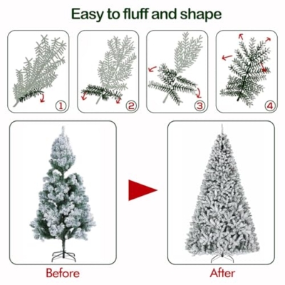 Product: Hykolity 7.5ft Prelit Snow Flocked Christmas Tree, Artificial Christmas Pine Tree with 450 Multicolor LED Lights, 1446 Tips, Metal Stand and Hinged Branches, 10 Colors