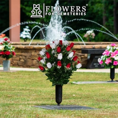Silky Flower Store Sympathy Silks Artificial Cemetery Flowers, Gravesite Flowers, Red and White Roses, 20.5cm 8 8 Product: Sympathy Silks Artificial Cemetery Flowers - Gravesite Flowers - Red and White Roses