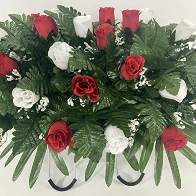 Product: Cemetery Saddle Headstone Decoration with Red and White Roses for Mother's Day, Father's Day, Memorial Day, and Labor Day