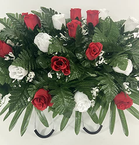 Product: Cemetery Saddle Headstone Decoration with Red and White Roses for Mother's Day, Father's Day, Memorial Day, and Labor Day