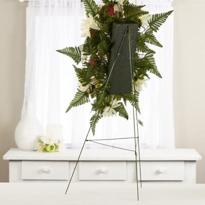 Silky Flower Store Red and Cream Silk Cemetery Flower Arrangement with Metal Easel, Faux Memorial Spray, 32in 8 8 Product: Premade Red and Cream Silk Flowers Cemetery Arrangement with Metal Easel for Graveside Memorial Day Decoration or Funeral Floral Spray for Mother, Father, Mom, Dad, Sister, Brother or Loved One