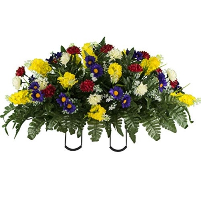 Product: Sympathy Silks Artificial Cemetery Flowers – Realistic Wildflower Outdoor Grave Decorations - Yellow Red Wildflower Saddle for Headstone