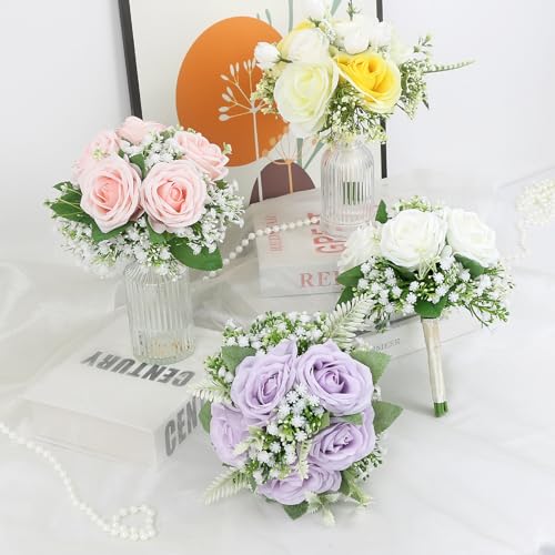 Silky Flower Store Artificial Bridesmaid Bouquets, Ivory White Rose Babys Breath Silk Bouquet, Set of 6, 7 Inch 6 6 Product: SEMONONIA Artificial Bridesmaid Bouquets Set of 6-7 Inch Bridesmaid Bouquets Ivory White Rose Babys Breath Pre-Made Silk Flower Bouquet for Wedding Bridal Shower Centerpiece Ceremony and Anniversary