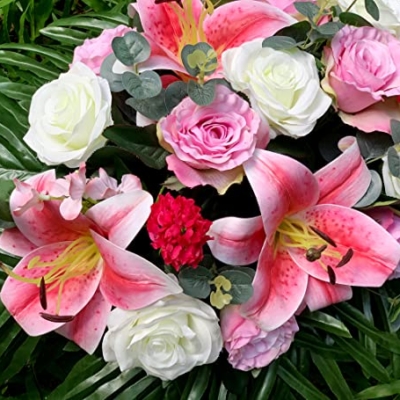 Product: HENOMO Cemetery Saddle Flower and Bouquets with Vases,Tombstone Floral Memorial Arrangement - Pink Lily and Rose,Graveside Decoration for Headstone