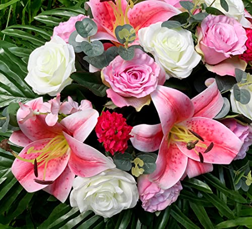 Product: HENOMO Cemetery Saddle Flower and Bouquets with Vases,Tombstone Floral Memorial Arrangement - Pink Lily and Rose,Graveside Decoration for Headstone