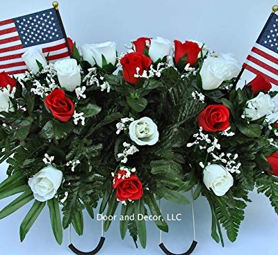 Product: Cemetery Saddle Headstone Decoration with Red and White Roses for Mother's Day, Father's Day, Memorial Day, and Labor Day