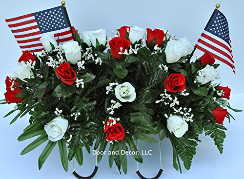 Product: Cemetery Saddle Headstone Decoration with Red and White Roses for Mother's Day, Father's Day, Memorial Day, and Labor Day
