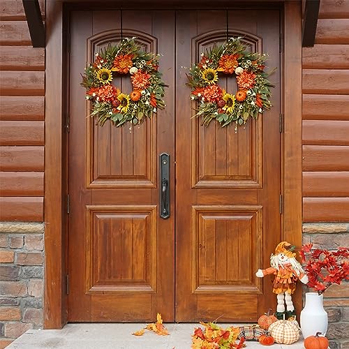 Silky Flower Store Autumn Wreath for Front Door, Sunflower Pumpkin Dahlia Fall Wreath, Artificial Outdoor Decor 24 Inch 1 1 Product: Soomeir 24 Inch Fall Wreaths for Front Door Outside, Sunflower Autumn Door Wreath with Pumpkin and Dahlias, Large Wreaths for Halloween Thanksgiving Farmhouse Indoor Outdoor Home Decor