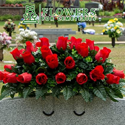 Silky Flower Store Artificial Cemetery Flowers, Sympathy Silks Mothers Day Flowers, 30 Ruby Red Roses Headstone Saddle, 3 to 9 30cm 9 9 Product: Sympathy Silks Artificial Cemetery Flowers - Mothers Day Flowers - 30" Ruby Red Roses Saddle for Headstone Decoration