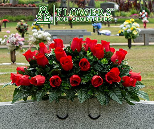Silky Flower Store Artificial Cemetery Flowers, Sympathy Silks Mothers Day Flowers, 30 Ruby Red Roses Headstone Saddle, 3 to 9 30cm 1 1 Product: Sympathy Silks Artificial Cemetery Flowers - Mothers Day Flowers - 30" Ruby Red Roses Saddle for Headstone Decoration