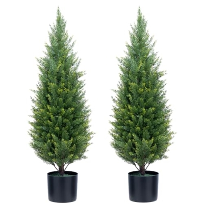 Product: Artificial Topiary Trees 3 Foot Artificial Cedar Trees UV Resistant Potted Plant Set of 2 Faux Bushes Fake Shrubs for Outdoor Indoor Front Porch Garden