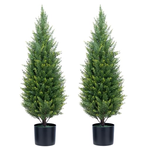 Product: Artificial Topiary Trees 3 Foot Artificial Cedar Trees UV Resistant Potted Plant Set of 2 Faux Bushes Fake Shrubs for Outdoor Indoor Front Porch Garden