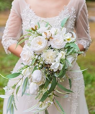 Silky Flower Store Artificial Bridal Bouquet, White Greenery Cascading Bouquet, Wedding Floral Arrangement, 12 Inch 7 7 Product: BENCENTRE 12-Inch White & Greenery Cascading Bridal Bouquet for Wedding Ceremony, Anniversary, French Rustic Vintage Style - Artificial Flowers