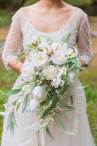 Silky Flower Store Artificial Bridal Bouquet, White Greenery Cascading Bouquet, Wedding Floral Arrangement, 12 Inch 1 1 Product: BENCENTRE 12-Inch White & Greenery Cascading Bridal Bouquet for Wedding Ceremony, Anniversary, French Rustic Vintage Style - Artificial Flowers