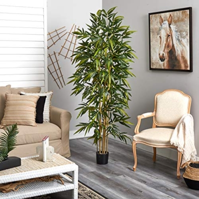 Product: Nearly Natural 6ft Artificial Bamboo Tree for Indoor Home Décor, Fake Bamboo Floor Plant with Natural Trunks and Over 1,000 Realistic Leaves in Black Nursery Planter