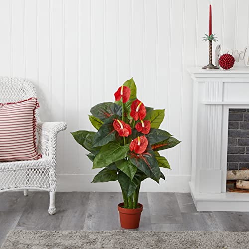 Silky Flower Store Nearly Natural Red Anthurium Silk Plant Real Touch, Artificial Lush Greenery Crimson Flowers, 3ft 2 2 Product: Nearly Natural 3ft. Anthurium Silk Plant (Real Touch), Red
