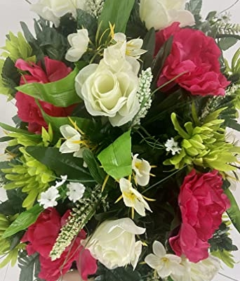 Silky Flower Store Artificial Cemetery Flower Grave Decoration, Pink Peony White Rose Headstone Saddle, Spring Summer Memorial, 32.5cm 12 12 Product: Spring Cemetery Flowers for Headstone and Grave Decoration-Pink Peony and White Rose Mix Saddle