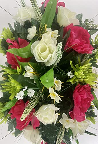 Silky Flower Store Artificial Cemetery Flower Grave Decoration, Pink Peony White Rose Headstone Saddle, Spring Summer Memorial, 32.5cm 5 5 Product: Spring Cemetery Flowers for Headstone and Grave Decoration-Pink Peony and White Rose Mix Saddle