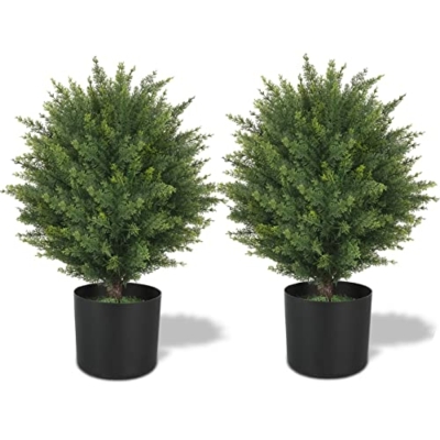 Product: ECOLVANT Two 21''T Artificial Topiary Ball Trees Faux Bushes UV Resistant Artificial Shrubs Potted Fake Cedar Trees for Outdoor Indoor Front Porch Garden
