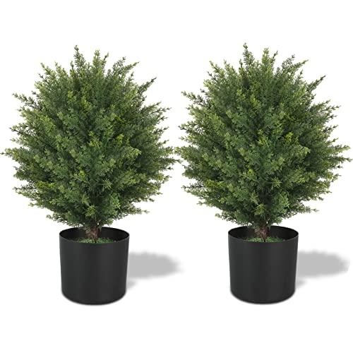 Product: ECOLVANT Two 21''T Artificial Topiary Ball Trees Faux Bushes UV Resistant Artificial Shrubs Potted Fake Cedar Trees for Outdoor Indoor Front Porch Garden