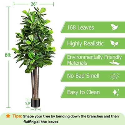 Product: Keeplush 6ft Artificial Fiddle Leaf Fig Tree with 168 Leaves 6 Tree Trunks, Large Faux Ficus Lyrata Tall Fake Tree Floor Plant in Pot for Indoor Home Living Room Office Outdoor Decor (Moss Included)