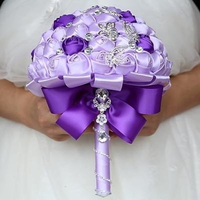 Product: Sharebeauty 9.4" Handmade Satin Rose Bridal Bouquet Toss Round Wedding Bouquet Throw Toss Artificial Flower Bunch Light Purple + Purple