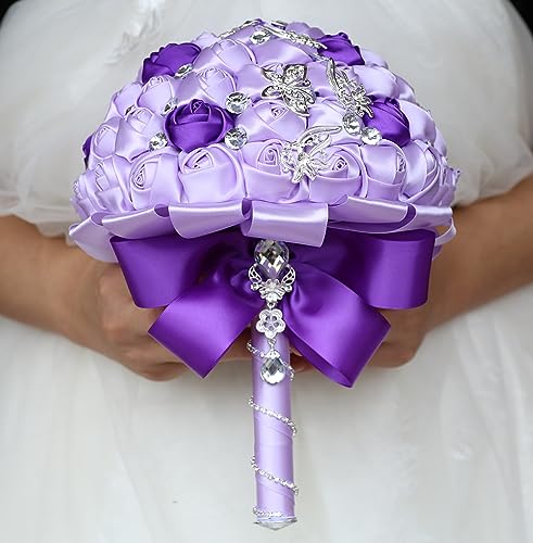 Product: Sharebeauty 9.4" Handmade Satin Rose Bridal Bouquet Toss Round Wedding Bouquet Throw Toss Artificial Flower Bunch Light Purple + Purple