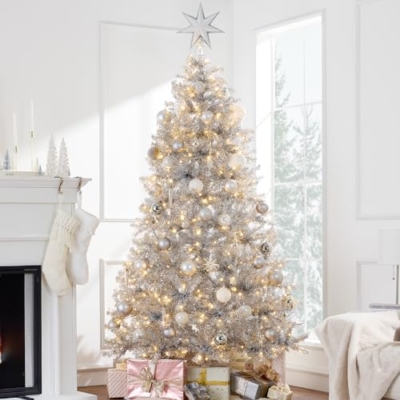 Product: Best Choice Products 6ft Prelit Tinsel Christmas Tree, Artificial Seasonal Holiday Decoration w/ 1,000 Branch Tips, Stand - Silver