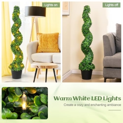 Product: Goplus 4FT Pre-Lit Artificial Spiral Boxwood Topiary Tree, 2 Pack 47” Tall Faux Potted Fake Greenery Plants w/ 100 LED Lights, Nursery Pot, Indoor Outdoor Home Front Porch Holiday Decoration