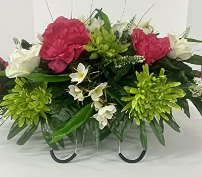 Product: Spring Cemetery Flowers for Headstone and Grave Decoration-Pink Peony and White Rose Mix Saddle