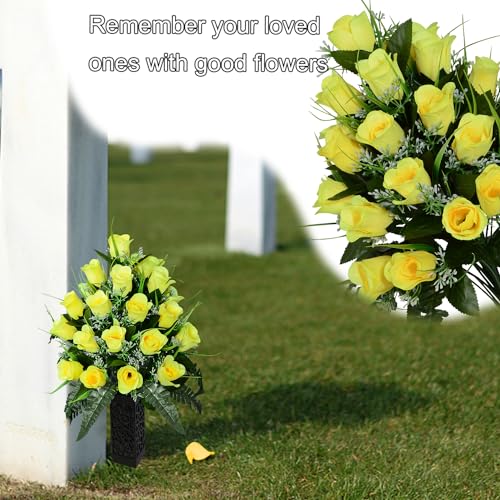 Product: Set of 2 Artificial Grave Memorial Flowers Cemetery Flowers Rose Bouquet with Vase for Cemetery Graveyard Headstones Decoration (Yellow-24H)
