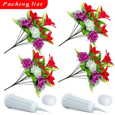 Product: Artificial Cemetery Flowers Artificial Grave Memorial Flowers Bouquets with Vase for Cemetery Headstones Graveyard Decoration, Set of 2 (Red Lily)