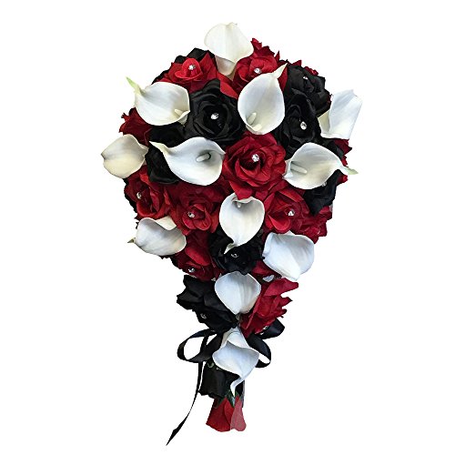Product: Angel Isabella Build Your Wedding Package-Artificial Flower Bouquet Corsage Boutonniere Rose Calla Lily Red White Black Wedding Theme (Long Cascade Bouquet)